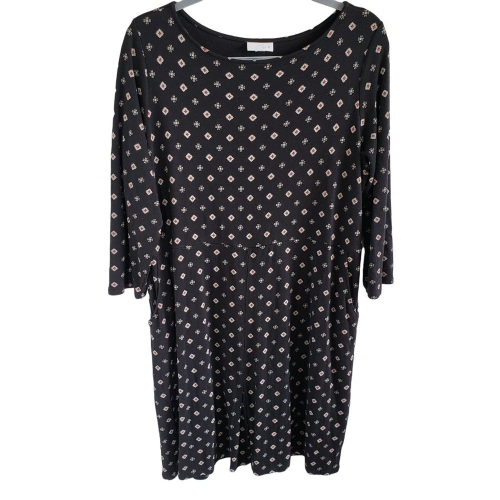 J.Jill Woman's Size L 3/4 Sleeve Tee Shirt Shift Dress with Pockets Geo Print
